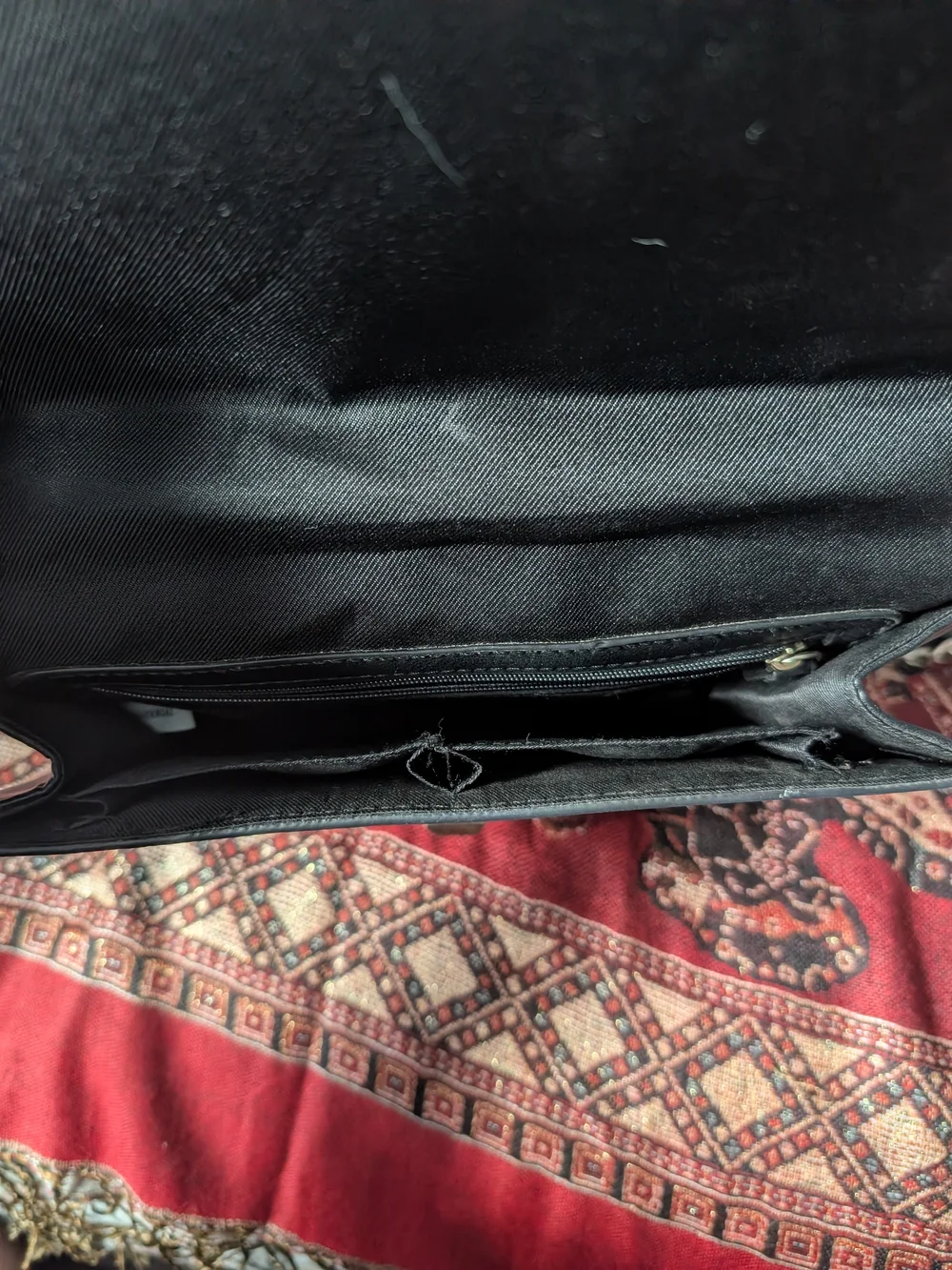 Black Embossed Leather Crossbody Bag with Red Floral Embroidery